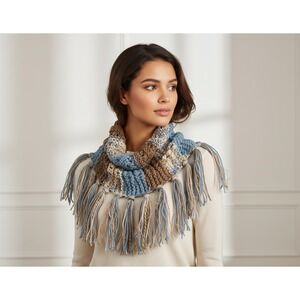 NEW Hand Knitted Cowl Scarf Blue Brown Cream Fringe Womens Boho Coastal Artsy